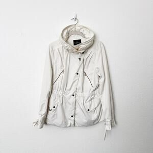 [Cole Haan] Cream Long Sleeve Utility Pocket Raincoat Packable Hood Size Large L